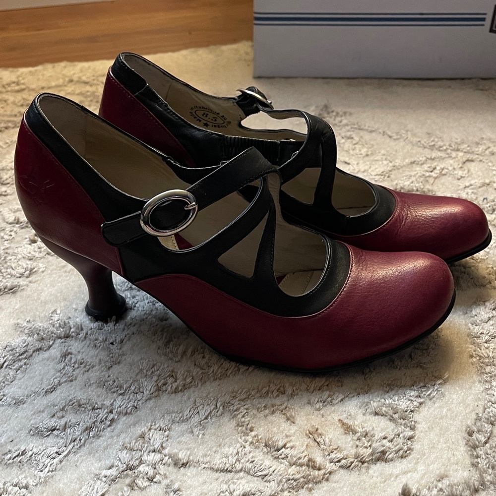 John Fluevog Two-Tone Burgundy and Black Mary Jane Heels